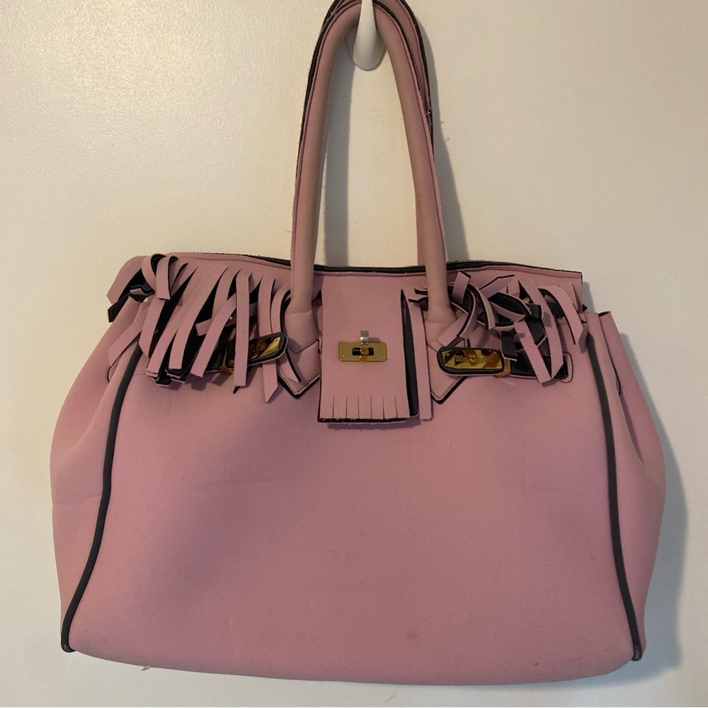 Leghila Large Neoprene Pink Tote with Fringe Accents